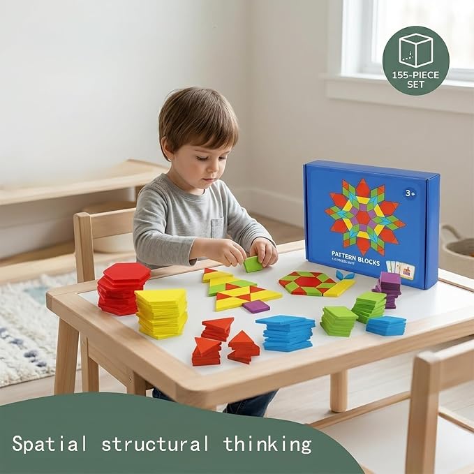 155 Pcs Wooden Pattern Blocks Set - Geometric Shape Puzzle for Kindergarten - Classic Educational Montessori Tangram Toys with 24 Design Cards for Kids Ages 3-8