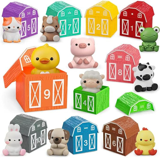 Farm Animal Toys for Toddler 1-3 Year Old, Montessori Toy Gift for Boy Girl | 10 Farm Animal Toys & 10 Barns, Counting, Matching & Sorting Educational Sensory Toys, Christmas Birthday Gift for Baby 1-3