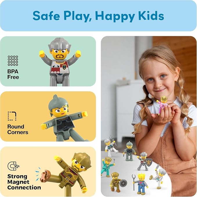 Picasso Toys Magnetic Action Figures Medieval King and Knights Character for Building Blocks Tiles Construction Toddler Toy Set Magnets Expansion Pack Educational STEM Pretend Playset PTA13