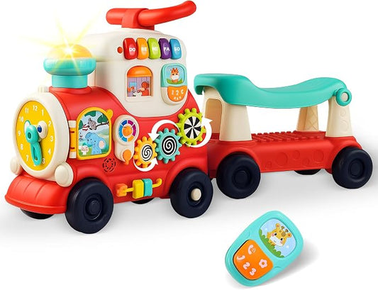 Ride On Train Toy for Toddlers 1-3, 4-in-1 Push and Pull Baby Walker Car | Push, Pull, Sit-to-Stand Walker, Walking Car Toy for Baby 1 Year Old, Indoor Outdoor Toddler Activity Toy