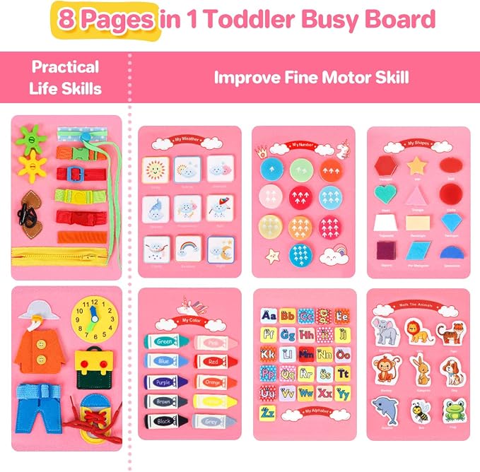Busy Board Montessori Toys Toddler Girl Gift, Sensory Travel Toy for 1-3 | Preschool Educational Toy, Fine Motor Skills, Alphabet, Numbers, Shapes, Colors, Car & Airplane, Pink Multipages