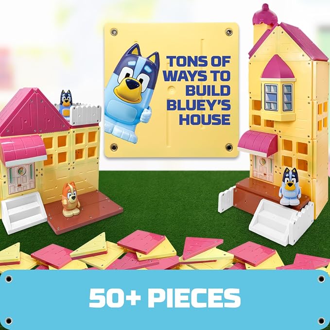 Tile Town Bluey Heeler Family Home Magnetic Tile Set, 52 Pieces | Includes Bluey & Bingo figures, action tiles, 1 vehicle; STEM building toy for kids ages 3+