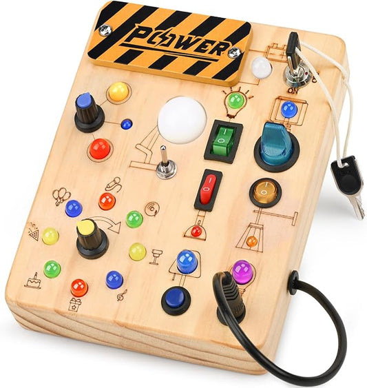 LED Busy Board for Toddlers - Montessori Sensory Toys for 1 2 3 Years Old | 10 Switches & 19 LED Lights, Wooden Activity Board for Fine Motor Skills, Screen-Free Travel Toy, Birthday Gift for Kids