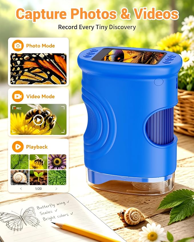 1000X Digital Handheld Microscope for Kids Portable Outdoor Toys & Gifts | 2.0" IPS Screen Magnifier, STEM Science Lab Magnifying Glass, Photo&Video Pocket Edu Toy for Boys & Girls Age 4-12, Blue