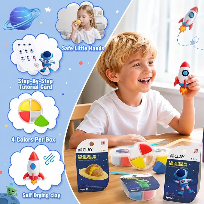 Air Dry Clay Kit -12 Space Theme Modeling Clay for Kids Arts and Crafts | Ultra Light & Soft,Safe & Non-Toxic,No-Sticky & Crack,DIY Molding Clay with Sculpting Tools,Party Favors Gifts for Girls Boys