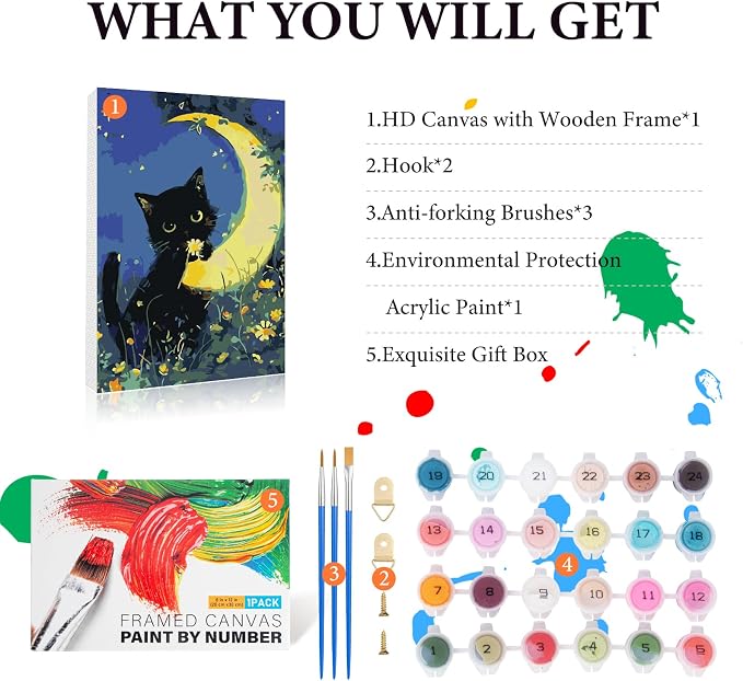 Fountor Black Cat Framed Paint by Numbers Kit for Adults Beginner 8x12 Inch | For Adults & Kids Ages 8-12, DIY Acrylic Painting, Moon Paint by Number with frame, Stress Relief Home Wall Decor Gifts