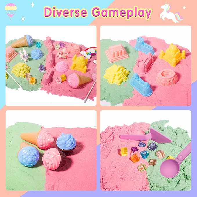Aliex Unicorn Sensory Sand Bin for Girls, Complete Moldable Play Sand Kit | 2.2lbs colorful magic sand, castle ice cream molds, tools for creative play, sandbox with lid, birthday gifts for toddler 3-8