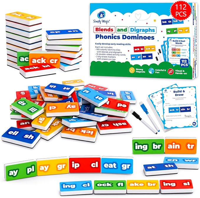 112 PCS Magnetic Phonics Dominoes, Magnetic Phonics Tiles — Simply Magic | Blend and Digraph Games for Classroom & Homeschool, Reading Manipulatives for Kids 6-7-8 years, Phonics Games, Word Building