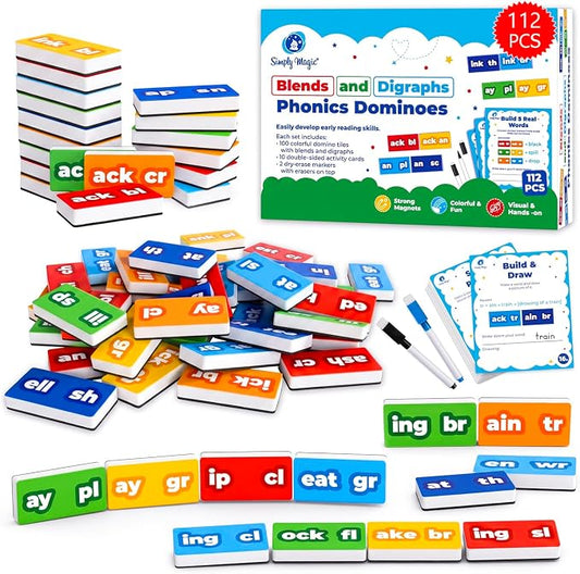 112 PCS Magnetic Phonics Dominoes, Magnetic Phonics Tiles — Simply Magic | Blend and Digraph Games for Classroom & Homeschool, Reading Manipulatives for Kids 6-7-8 years, Phonics Games, Word Building