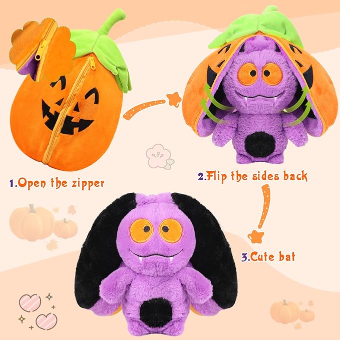 MIAODAM Halloween Pumpkin Bat Plush, Soft Reversible Stuffed for Kids