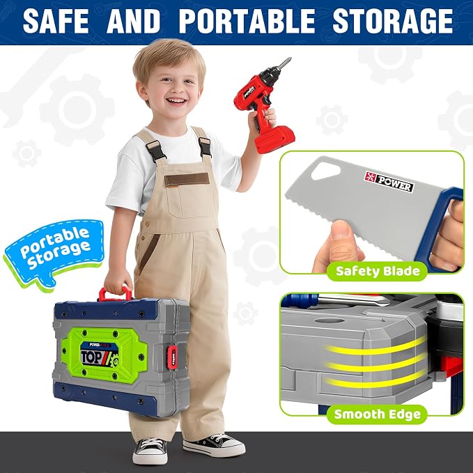 Kids Tool Bench Set with Electric Drill and Realistic Tools, Construction Workbench Playset Toy for Toddler 3-5, Easy Set up, Kids Boy Toys, Birthday Gifts for Boys Age 3 4 5 Year Old