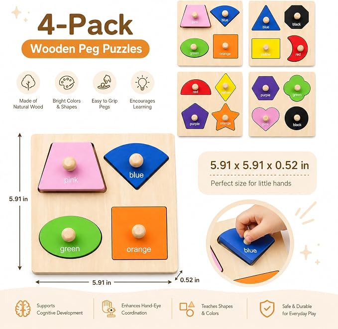Wooden Shape Color Sorting Puzzle Toys for Toddlers, 4 Pack Montessori Peg Puzzles for Ages 2-4, Preschool Learning Toys for Shape Recognition, Fine Motor Skills, Gifts for Kids Boys Girls 1 2 3 4