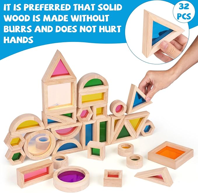 Agirlgle Wooden Rainbow Building Blocks for Kids 32 Pcs Rainbow Stacker Stacking Blocks Game Colorful Construction Toys Preschool Learning Educational Toys -Geometry Wooden Blocks for Boys & Girls