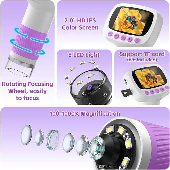 Pocket Kids Microscope for Over 3 Years Old, 1000X Handheld Microscope for Kids w/2''IPS Digital, Photo Video Mini Portable Microscopes, Science Edu Digiscope,Christmas Birthday Gifts for Kids