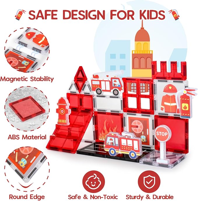 Firefighter Magnetic Tiles for Toddlers 3-5 – STEM Building Blocks Set with Fire Truck, Hydrant, Extinguisher & Storage Bag, Fire Station Creative Play for Boys & Girls, Christmas Birthday Gift