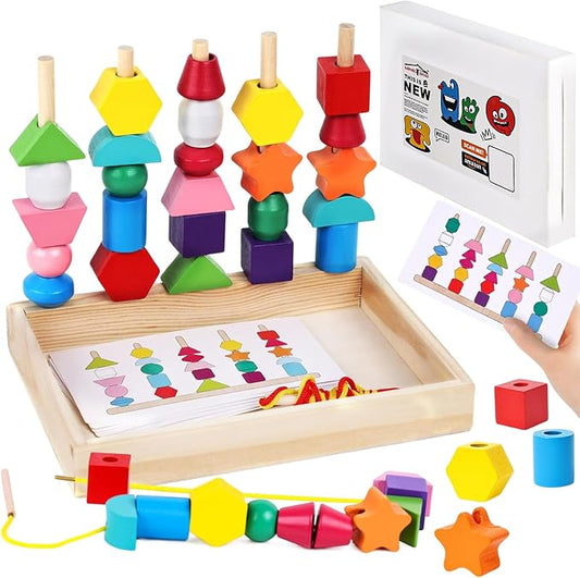 LovesTown Beads Sequencing Toy, Wooden Shape Stacking, 8 Cards, Frame | Montessori Sorting, Matching Game, Fine Motor Skills Development, Hand-Eye Coordination, for Toddler