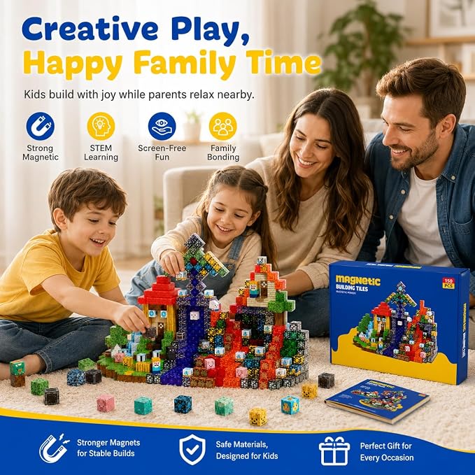 Magnetic Building Blocks 150PCS, 0.8in Stacking Cubes STEM Toy Kids Ages 3+ | Magnet Toys for Kids, Stacking Construction Magnets, School STEM Toys Birthday for Boys & Girls