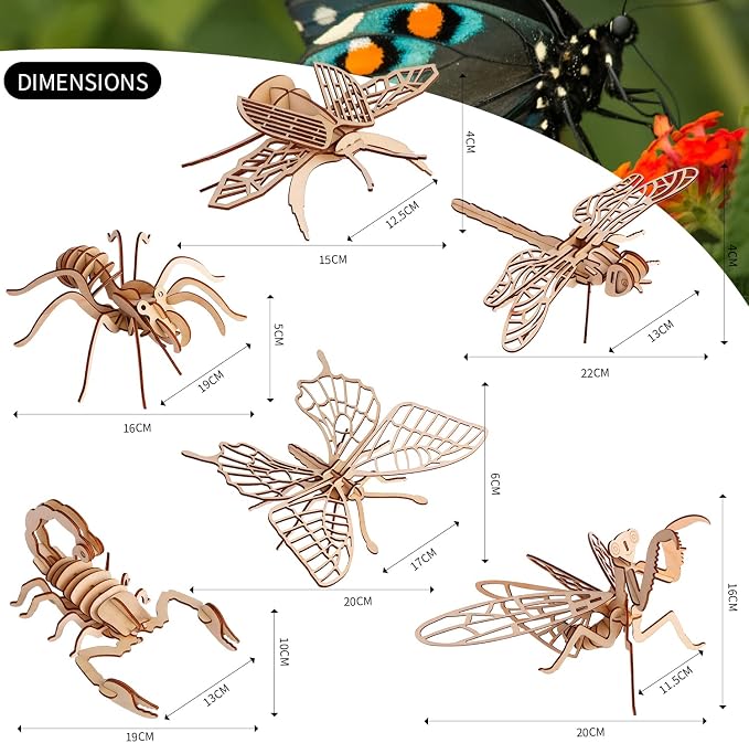 calary 3D Wooden Puzzle Simulation Animal Dinosaur Assembly DIY Model Toy for Kids and Adults,Set of 6
