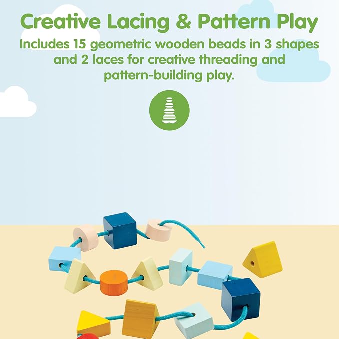 PlanToys® Geo Lacing Beads Wooden Montessori Fine Motor Early Math Kids Toy | geo lacing beads, wooden montessori fine motor early math, shape recognition colour exploration, threading coordination, kids