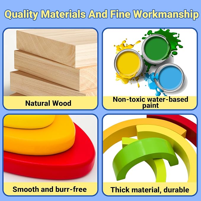 MEGRANATE Montessori Wooden Rainbow Stacking Toys for Kids Wood Building Blocks Nesting Puzzle Toy Colorful Stacker Arch Game Sensory Educational Learning Toys for 3+ Year Old Kids