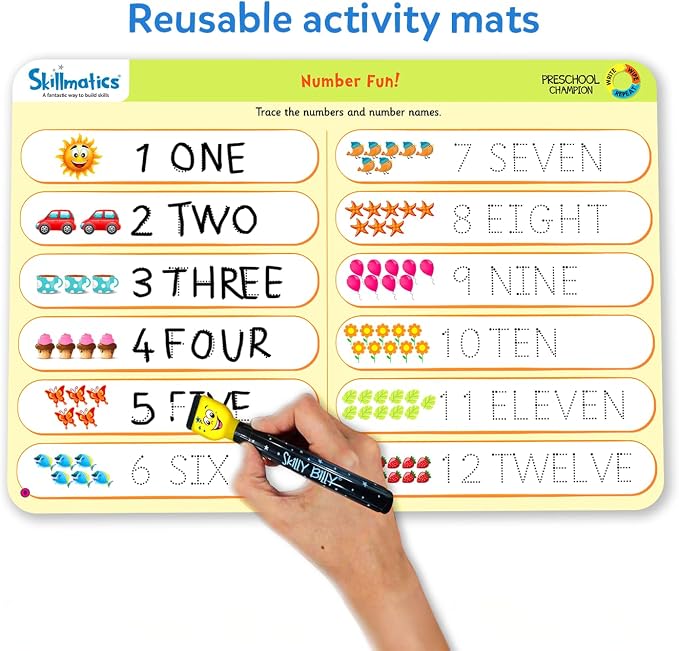 Skillmatics Educational Game – Preschool Champion, Reusable Activity Mats | Write and Wipe Boards with 2 Dry Erase Markers, Learning & Travel Toy, Screen-Free, Gift for Kids Ages 3, 4, 5, 6