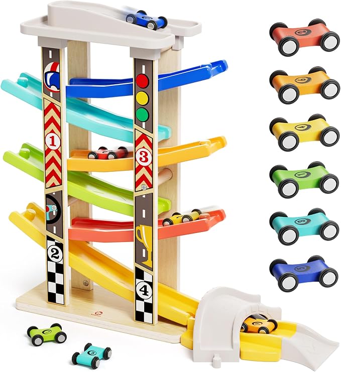 TOP BRIGHT Wooden Car Ramp with 6 Cars, Montessori Toy for Ages 1-3 | 6-Lane Ramp With Garage & Bridges, Includes 6 Mini Cars for Racing, Montessori Toy for Boys & Girls