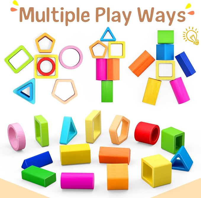 Montessori Toys for 1 2 3 Year Old Boys Girls Toddlers, Peg-Free Wooden Toy | Heightened Sorting Stacking Toys, Birthday Gift for Baby Kid Age 18+ Month, Preschool Nested 3D Shape Sorter Learning Blocks