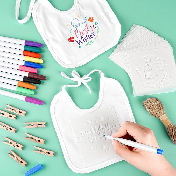 110 Pcs DIY Baby Bibs Decorating Set Includes 24 White Bibs, 12 Fabric Markers, 24 Stencils, 50 Clothespins, 1 Hemp Rope for Baby Shower Games Boys Girls