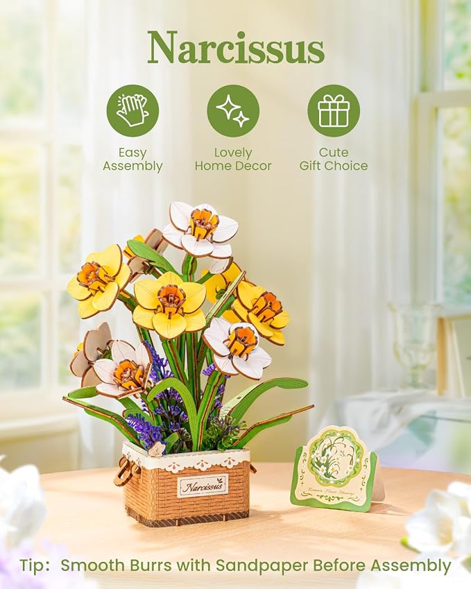 Rowood 3D Puzzles for Adults,Mother's Day DIY Wooden Flower Narcissus Craft Kit,Artificial Flower Botanical Collection,Christmas Birthday Decoration Centerpiece for Table
