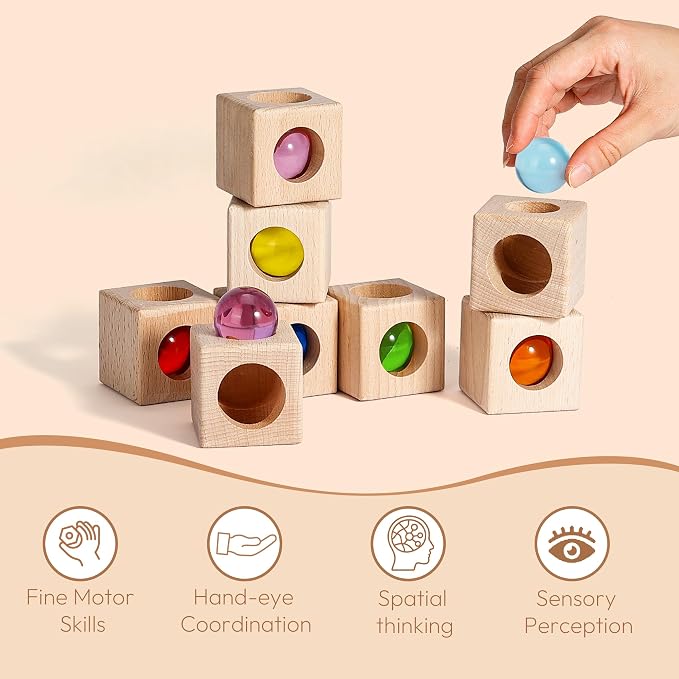 Woodtoe Montessori Stacking Toy for 3 4 5 6 Year Old, Rainbow Building Blocks for Toddlers, Acrylic Gem Ball Stacking Blocks & Wooden Blocks, Educational STEM Creative Sensory Toys for Boy Girl 3-6