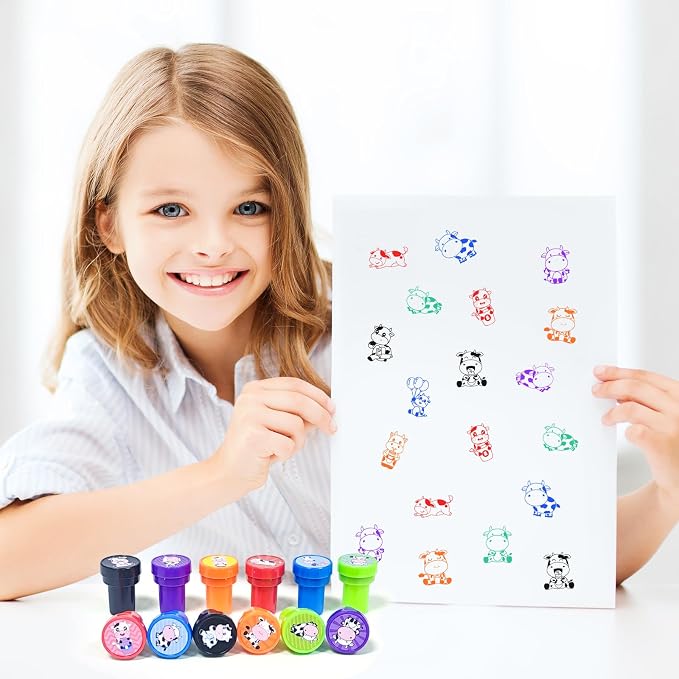 Cinrobiye 24 Pcs Cow Stampers Party Favor Set, Cute Farm Animal Stamps for Kids Birthday Party, Classroom Rewards, Farm Themed Party Supplies, Goody Bag Fillers, Barnyard Animal Toys