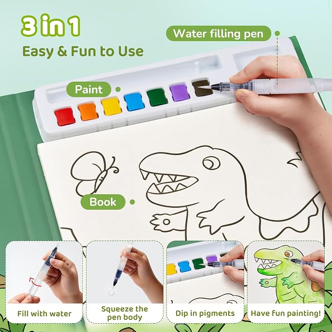 JoyCat Paint with Water Coloring Books for Toddlers (Dinosaur & Vehicle) | Watercolor Painting Set for Kids Ages 3-5 & 4-8, Arts & Crafts Drawing Activity Travel Toy, Birthday Gifts for Boys & Girls