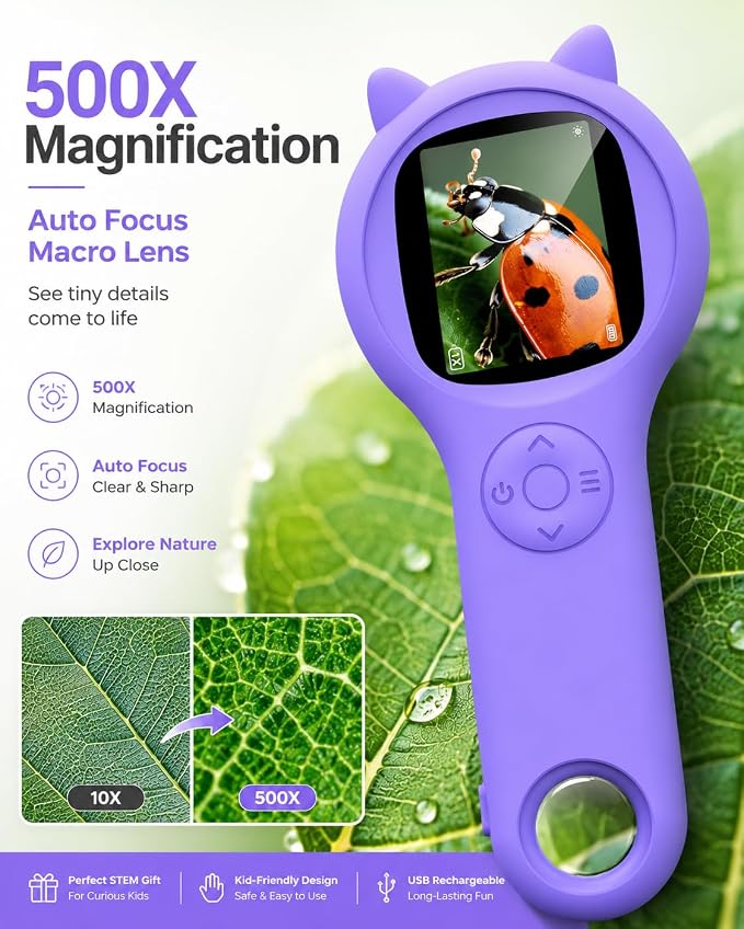 Ashfly Kids Microscope, 500X Digital Magnifying Glass, STEM Toy, Purple | 2-inch IPS Screen, 8 Adjustable LEDs, Macro Autofocus, Built-in Photo Storage, USB-C Charging and Windows PC Viewing