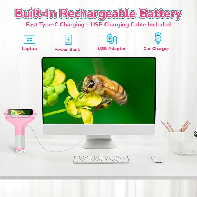 Kids Digital Microscope with 3-Inch Screen: STEM Toy Science Gift Ages 4-12 | 32GB Card, 1000X Zoom, Rechargeable, Photo/Video, Connect to PC, 8 LEDs, 6 Brightness Levels, One-Touch Capture