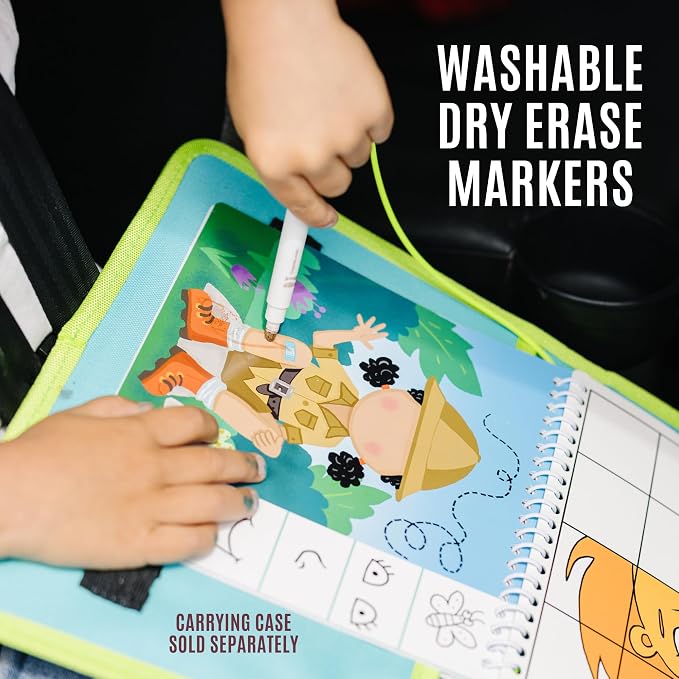 Totebook Dry Erase Activity Book for Kids - 18 Erasable Learning Games with Markers & Reusable Stickers, Travel Activities for Ages 4-6, Fits Case (Jungle Theme)