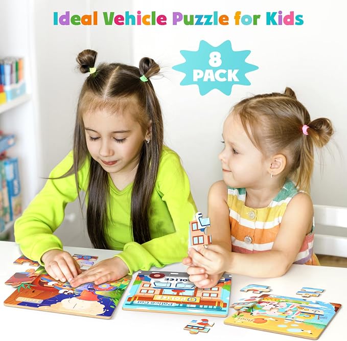 Zeoddler Wooden Puzzles for Toddlers, 8 Pack Vehicle Jigsaw Puzzles for Kids3-5, 9 Pieces Preschool Learning Activities, Learning & Educational Toys, Gift for Boys, Girls