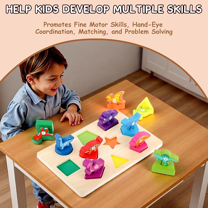Scuwtocn Dinosaur Shape Puzzle Wooden Montessori Toys for 2 Years Old | Educational Learning Toy for Toddlers 1-3 Years, Color Recognition Wooden Blocks with Numbers