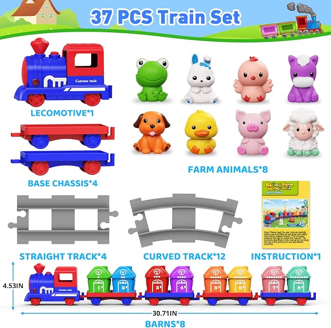 Electric Train Set for Toddlers 2-4 with Farm Animals, Music & Lights, Blue | Montessori Counting & Sorting Train Toy, 37 Pieces with 8 Farm Animal Finger Puppets and Numbered Barns for Toddlers