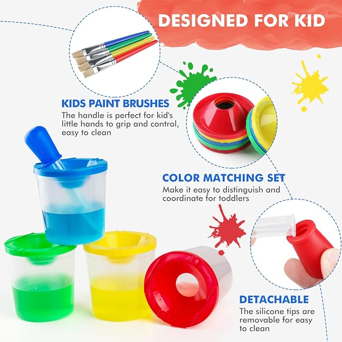 Toddler Paint Brushes Paint Cups with Lids Droppers for Kids | No Spill Paint Cups for Kids Plastic Liquid Droppers for Kids Crafts Paint Containers with Lids for Toddler Art Supplies
