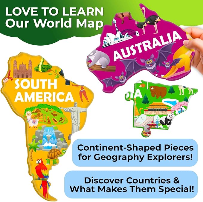 World Map Puzzles for Kids Ages 8-10 - 70 Pcs Jigsaw Kids Puzzles Ages 6-8 | 70 Pcs Floor World Puzzle for Kids Ages 8-12 - 50 Cards with 400+ Fun Facts - Continent Shaped Educational Gift for Ages 4-8