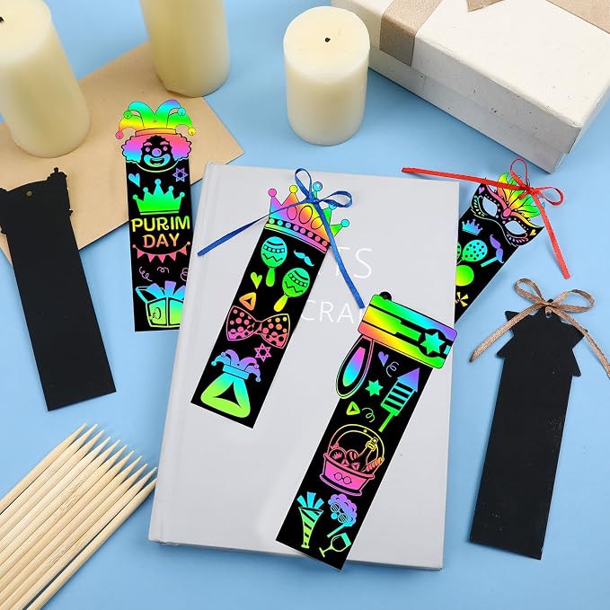 JUNEBRUSHS 30Pcs Purim Scratch Bookmarks for Students Classroom Activity | Six Purim Festival Patterns,Magical Rainbow Scratch Effect,Thick Durable Tear-Resistant Paper,Multi Festive DIY Ornaments