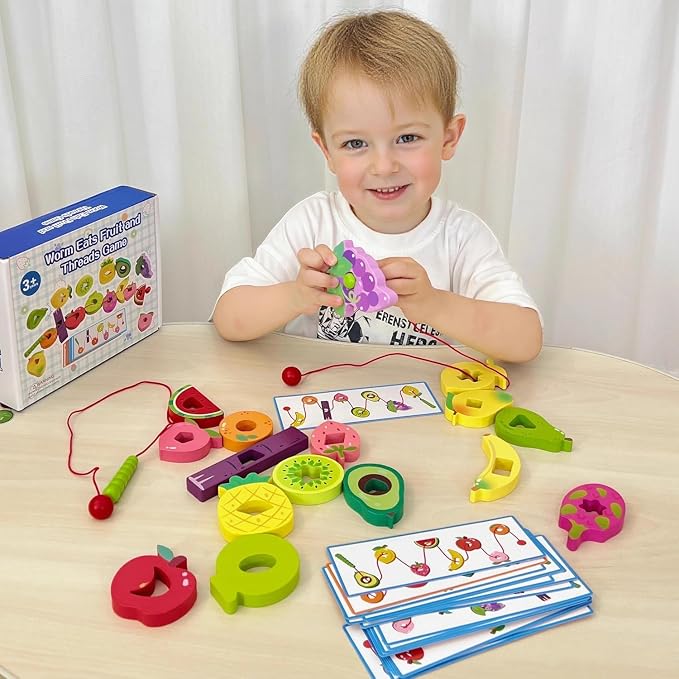 Wooden Greedy Caterpillar Lacing Toy, Montessori Threading & Stringing Toy with 20 Pattern Cards, Fine Motor Skills Educational Travel Gifts for Kids Ages 3+