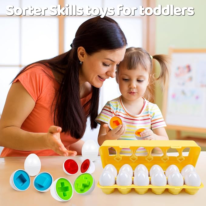 Eggs Toys,Montessori Geometric Egg Early Fine Motor Skills Learning Color Sorting & Shape Sorter Matching Game Easter Basket Stuffers Toys for Toddler Boys Girls Ages 1-3