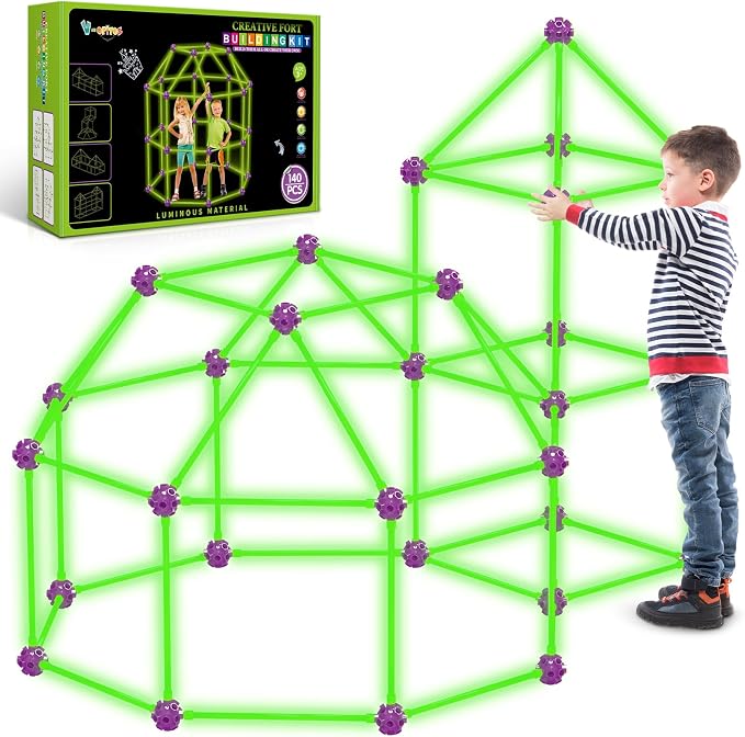 140 Pack Glow in The Dart Fort Building Kits for Kids Age 4, 5, 6, 7, 8+ Years Old, STEM Building Toys for DIY Castles, Tunnels, Ideal Christmas, Birthday Gifts for Boys & Girls