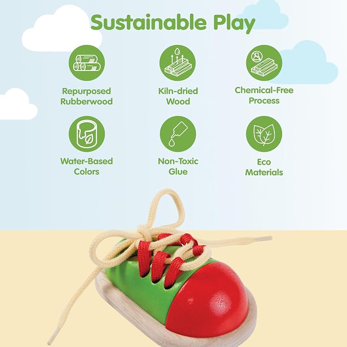 PlanToys® Tie-Up Shoe Lacing Practice Toy for Kids | Montessori Fine-Motor & Independence Activity for Focus & Coordination | Eco-Friendly Wooden Educational Tool