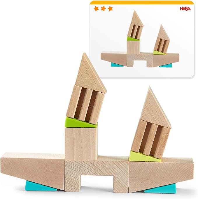HABA Kids Building Blocks Set Crooked Tower, 19 Wooden Blocks and 6 Wedges with Pattern Cards for Toddlers 4+, Wood Stacking Toys Made in Germany