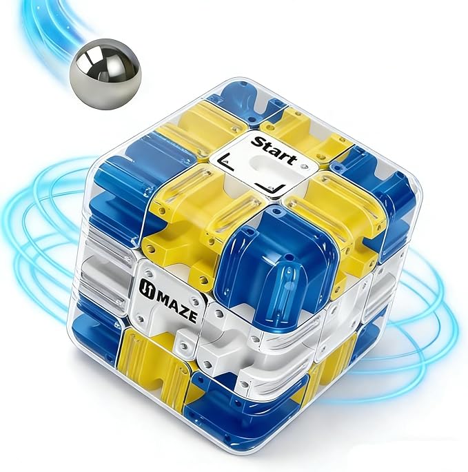 3D Rolling Ball Maze Cube, Marble Labyrinth Cube, 3D Labyrinth Puzzle Cube, Spatial Awareness Brain Training Educational Focus Game Gift for Adults Teens Kids (Yellow & Blue)