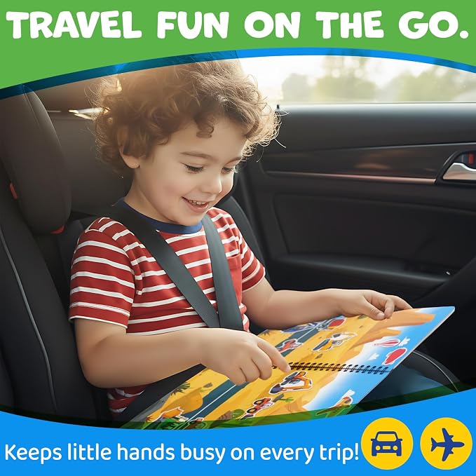 Reusable Sticker Book for Toddlers – Vehicles & Construction, 3 Sheets Washable Car Truck Jelly Stickers, 9 Play Scenes Sticker Activity Book for Kids, Road Trip Travel Toys
