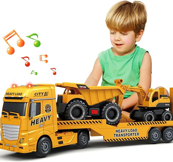 Bstoyder Toddler Boy Toys for 3 4 5 6 7 Years Kids, 25" Semi Construction Carrier Truck Toy with Excavator and Dump Truck, Friction Powered Toys with Lights and Sounds, Birthday for Boy Girls