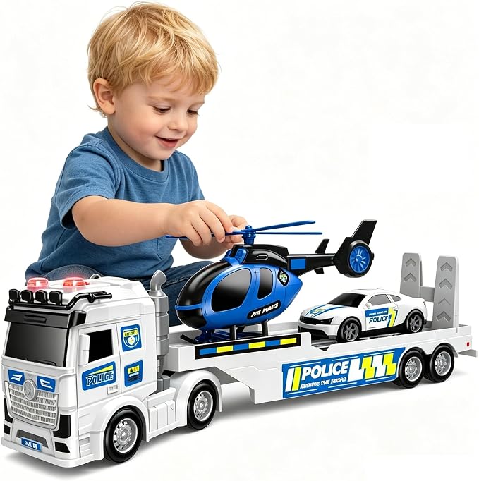 Kids Toys for Ages 3 4 5 6 7 8 Years Old Boys, 25" Large Police Semi Truck with Helicopter & Race Car, Friction Powered Vehicle with Lights & Sounds,Birthday Gift for Boys Girls